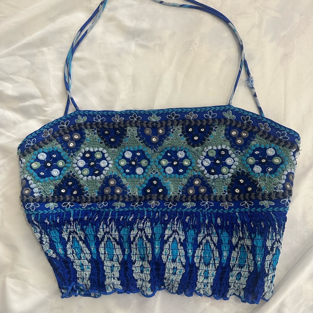 ZARA Blue Bohemian Embroidered Halter Crop Top Size Medium
